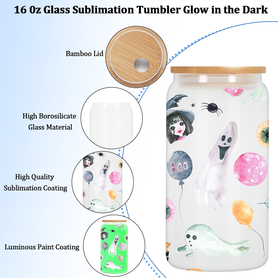 16 oz glow in the dark sublimation glass can, 25 pack