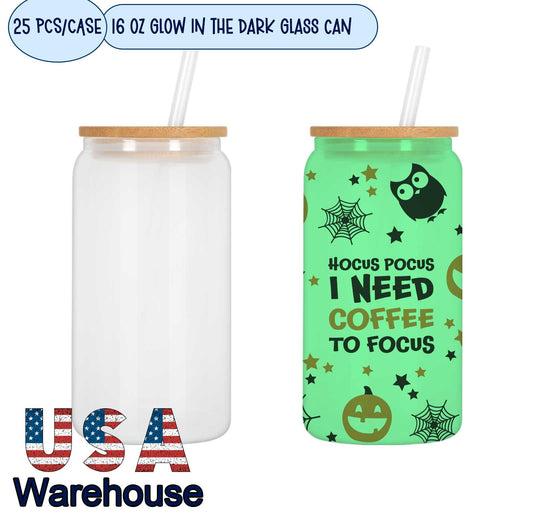 16 oz glow in the dark sublimation glass can, 25 pack