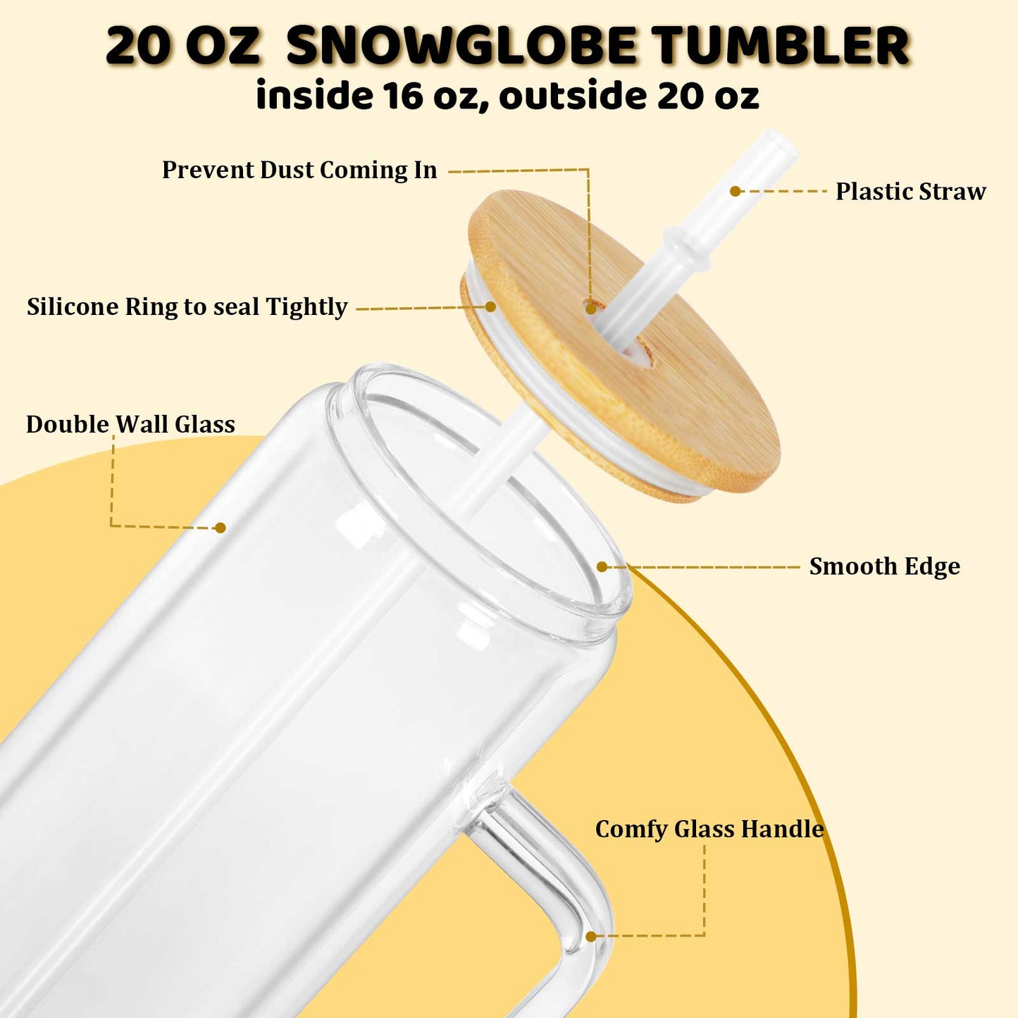 20 Oz Glass Snowglobe Tumbler With Handle, 20 Pack