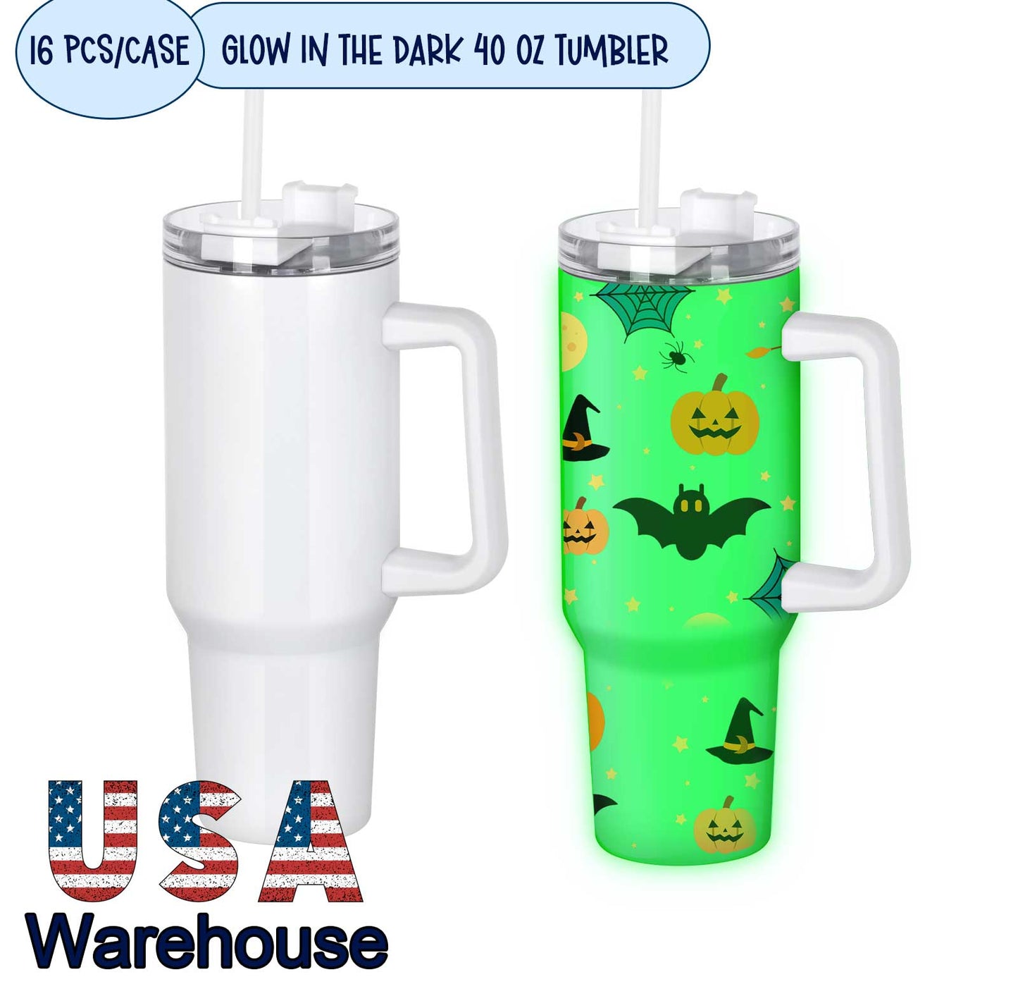 40 oz glow in the dark sublimation tumbler, 16 pack